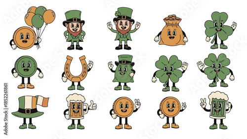 St. Patrick's Day Retro Cartoon Characters Celebrating with Beer and Clovers
