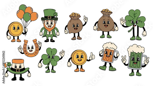 St. Patrick's Day Retro Cartoon Characters Celebrating with Beer and Clovers