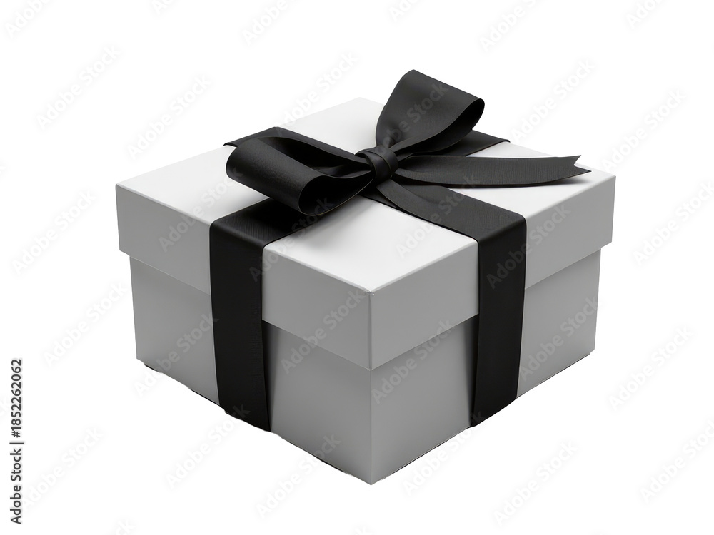 Fototapeta premium A small gift box wrapped with a black ribbon and containing an unknown present