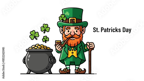 St. Patrick's Day Leprechaun with Pot of Gold Illustration