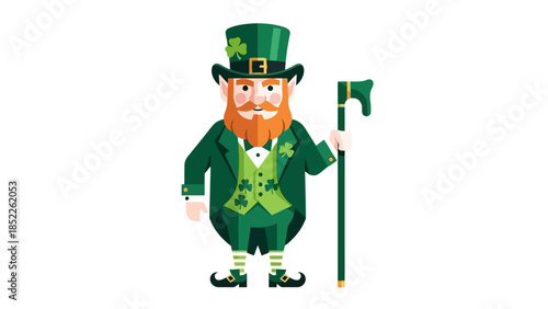 St. Patrick's Day Leprechaun Vector Illustration with Shamrock and Walking Stick