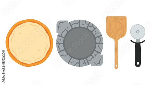 Top-down view of pizza ingredients and tools, including dough, stone oven, pizza peel, and cutter