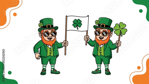 St. Patrick's Day Leprechauns with Shamrocks and Flag Vector Illustration