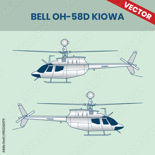 Technical Line Drawing of Helicopter Bell OH-58D Kiowa 2D Engineering Rendering Sketch Vector Illustration Side View Right and Left Angle