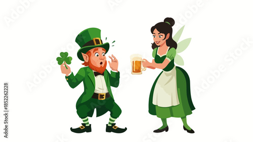Leprechaun and Fairy Celebrating St. Patrick's Day with Beer and Shamrock