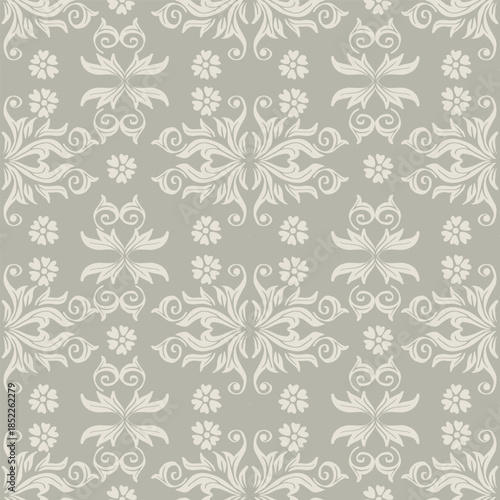 Seamless black and white damask pattern. Vector illustration. Gray background.