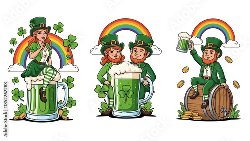 St. Patrick's Day Leprechaun Characters Vector Set