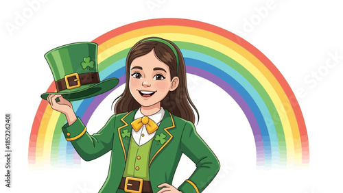 Cheerful Girl Celebrating St. Patrick's Day with Rainbow and Hat