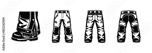 Biker pants set, motorcycle gear, protective wear, flat vector illustration