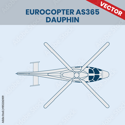 Technical Line Drawing of Helicopter Eurocopter AS365 Dauphin 2D Engineering Rendering Sketch Vector Illustration Top View Angle