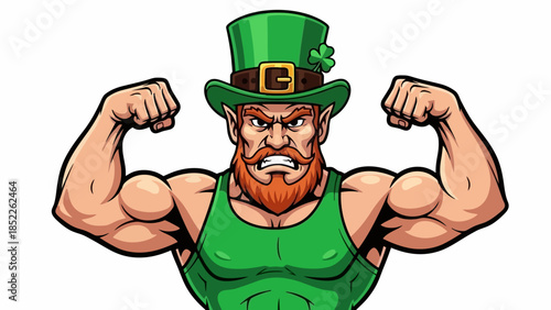 Strong Leprechaun Flexing Muscles in Green Outfit Vector Illustration