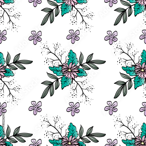 Seamless pattern with decorative flowers and leaves. White background. Vector illustration.