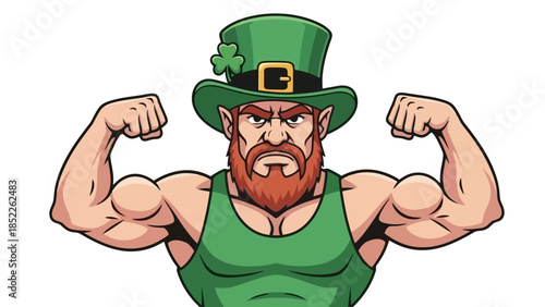 Strong Leprechaun Flexing Muscles Vector Illustration