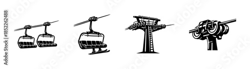 Ski lift collection, cable cars and gondolas, flat vector illustration
