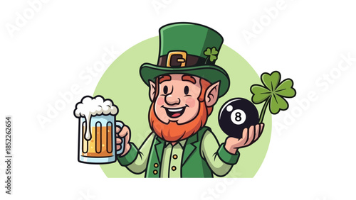 Cheerful Leprechaun with Beer and 8 Ball Illustration