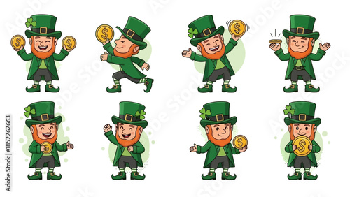 Cheerful Leprechaun Characters with Gold Coins Vector Illustration Set