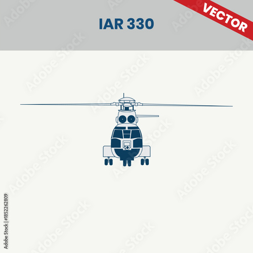 Technical Line Drawing of Helicopter IAR 330 2D Engineering Rendering Sketch Vector Illustration Front View Angle