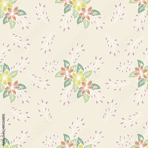 Seamless pattern with decorative flowers and leaves. Vintage style. Vector illustration.