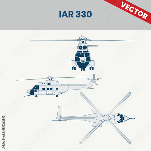 Technical Line Drawing of Helicopter IAR 330 2D Engineering Rendering Sketch Vector Illustration Front Side and Top View Angle
