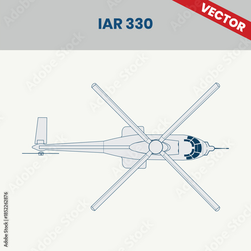Technical Line Drawing of Helicopter IAR 330 2D Engineering Rendering Sketch Vector Illustration Top View Angle