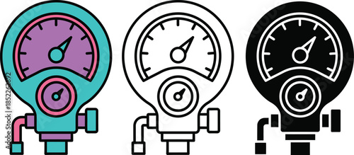 Three colorful pressure gauges with different color schemes and attached pipes three gauges