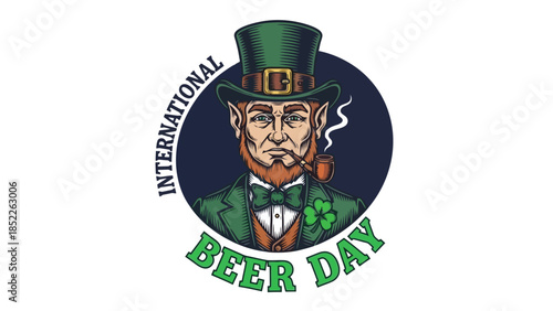 International Beer Day Celebration with Leprechaun Illustration