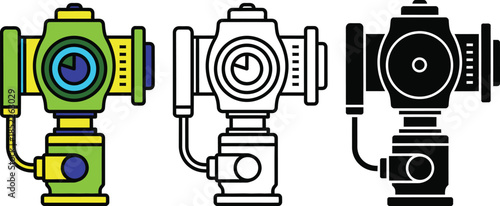 Three colorful pressure gauges with different color schemes and dials industrial gauge