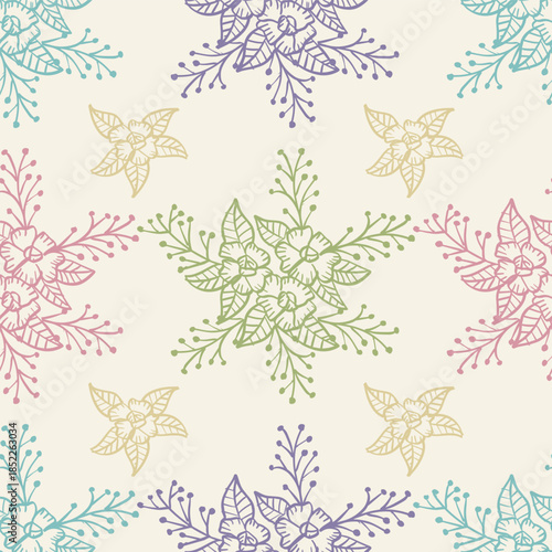 Seamless pattern with decorative flowers and leaves. Vintage style. Vector illustration.