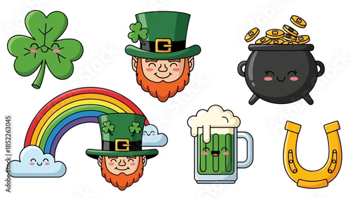 St. Patrick's Day Cartoon Icons Set with Leprechaun and Pot of Gold
