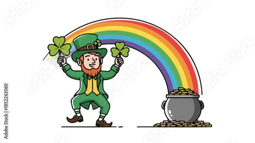 Cheerful Leprechaun with Shamrocks and Rainbow Illustration