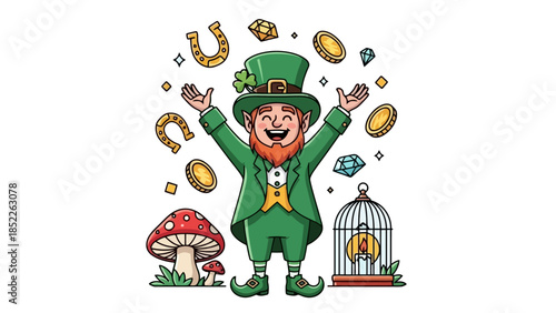 Cheerful Leprechaun Surrounded by Gold and Gems Vector Illustration