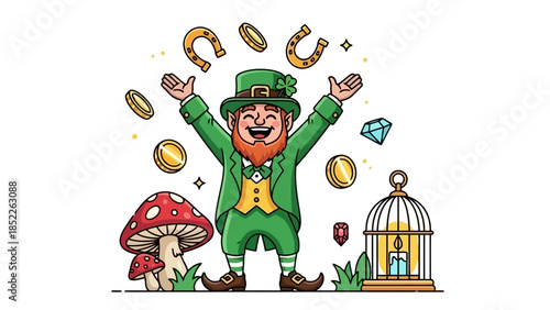 Cheerful Leprechaun Surrounded by Gold Coins and Gems Vector Illustration
