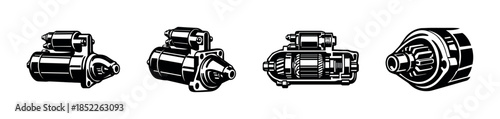Automotive starter motor, flat vector illustration, car engine parts, machinery design