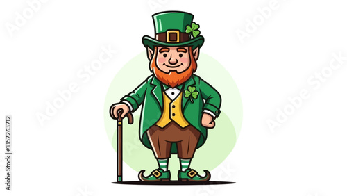Cheerful Leprechaun with Walking Stick and Green Hat