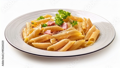 Penne Pasta Carbonara Shot From Above White Background