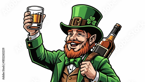 Cheerful Leprechaun Celebrating with Drink Illustration