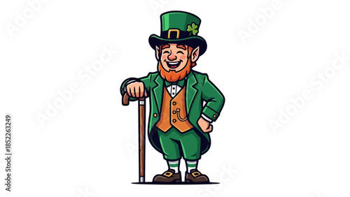 Cheerful Leprechaun with Cane and Top Hat, St. Patrick's Day Celebration