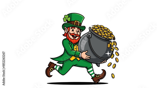 Leprechaun Running with Pot of Gold, St. Patrick's Day Illustration