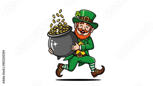 Cheerful Leprechaun Running with Pot of Gold
