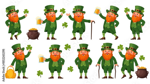 Cheerful Leprechauns Celebrating with Pots of Gold and Clovers