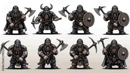 Set of Viking Warriors in Armor with Weapons