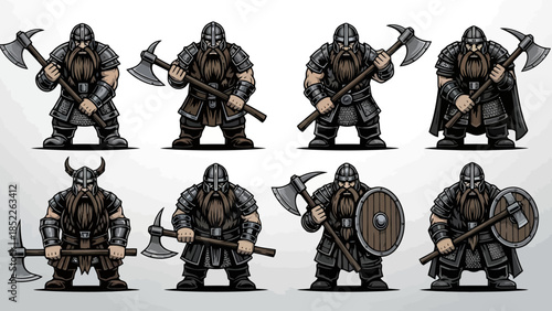 Set of Eight Dwarf Warriors with Axes and Shields
