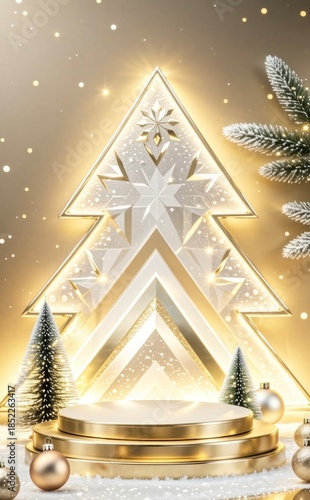 Golden Christmas tree with podium and snowflakes and festive ornaments