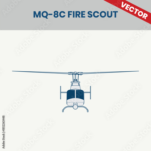Technical Line Drawing of Helicopter MQ-8C Fire Scout 2D Engineering Rendering Sketch Vector Illustration Front View Angle