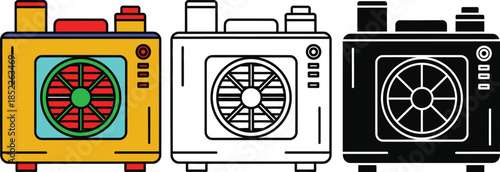 Three colorful retro fans with different colors and vintage yellow