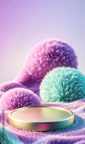 Golden podium on fluffy pastel spheres with soft gradient background