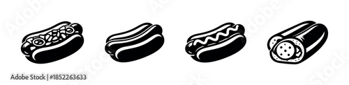 Hot dog variations, flat vector illustration with sausage, bun, and toppings