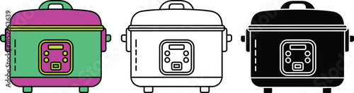 Three colorful rice cookers with control panels and handles in green pink and black