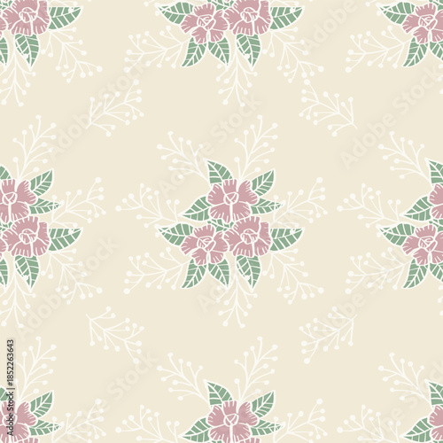 Seamless pattern with decorative flowers and leaves. Vintage style. Vector illustration.