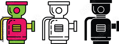 Three colorful robot characters standing in a row with different colored bodies and hats